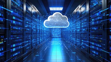 Glowing 3D cloud icon with digital connections inside a futuristic blue server room. Ideal for cloud computing, data storage, network security, and IT infrastructure visuals
