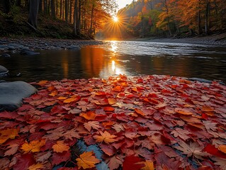 A tranquil river winding through an autumn forest, with vibrant red and 