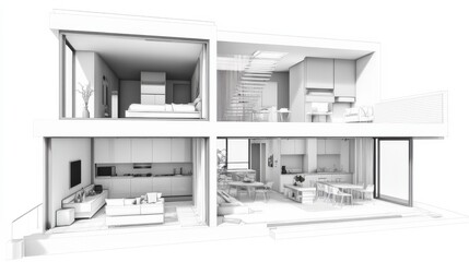 Modern Two Story House Architectural Rendering Grayscale Interior Design