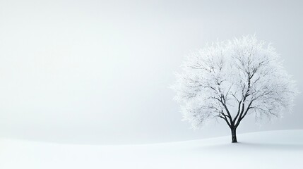 Fototapeta premium A lone tree stands amidst a snow-covered field, framed by a gray sky