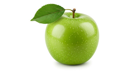 A vibrant green apple, glistening with freshness, rests serenely against a stark white background, its single leaf adding a touch of nature's elegance.