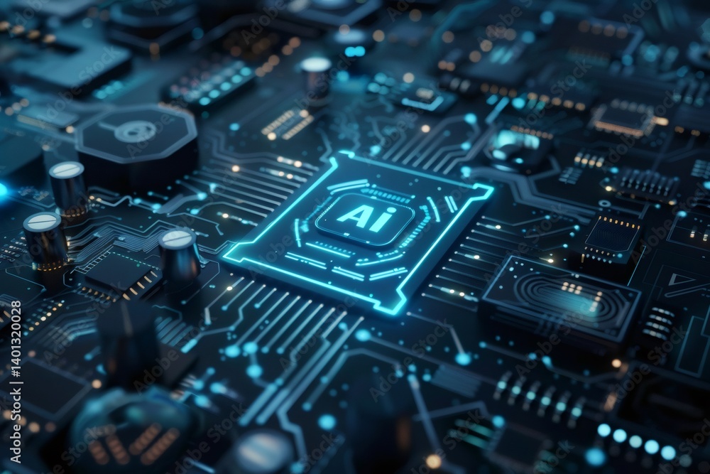 Poster artificial intelligence chip glowing on circuit board, futuristic technology
