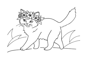 Outlined Cat With Flower Crown Standing On Grass Coloring Book Style
