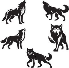 Set of wolf silhouette vector-bold black wild animal illustrations 