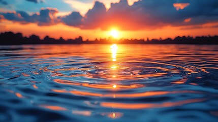 A tranquil sunset reflecting on the surface of a still pool, warm golden hues blending