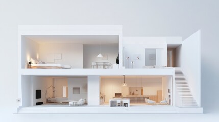 Modern Two Story House Cut Away Illustration Minimalist White Interior Design