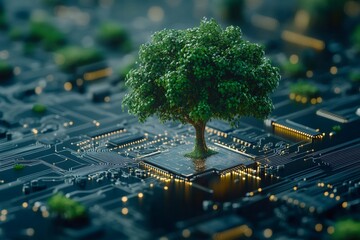 Green computing, lush tree growing from microchip on motherboard promoting sustainable technology