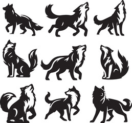 Set of wolf silhouette vector-bold black wild animal illustrations 