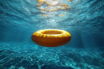 A tranquil underwater shot gazing upward at a sunny yellow inflatable ring 