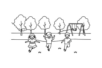 Outline Illustration Of Happy Children Playing Running In Park With Swings And Trees