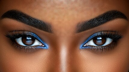 Naklejka premium Woman's face close-up with blue eyeshadow and long fake lashes