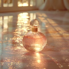 A transparent perfume bottle placed on frosted glass with golden rim light creating dreamy reflections, captured from top-down angle with elegant glow and focus on product branding