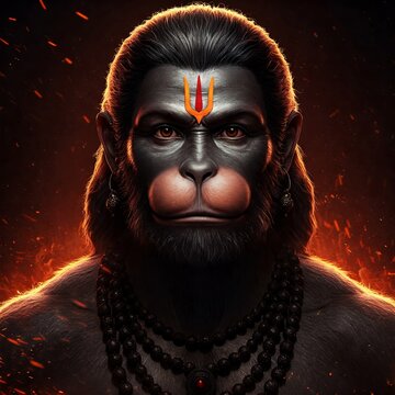 Powerful close-up portrait of Lord Hanuman with an intense gaze and a fiery aura.