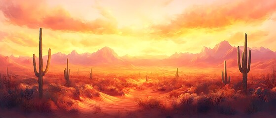 A vast desert landscape at sunrise, golden sand dunes stretching endlessly, soft shadows creating texture, a lone cactus silhouetted against the warm sky, hyper-realistic, cinematic lighting.