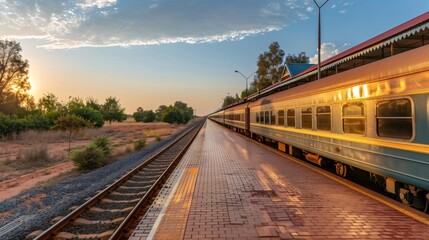 Obraz premium Passenger train waiting at empty station during golden hour sunset