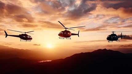 Three helicopters flying over mountains at sunset