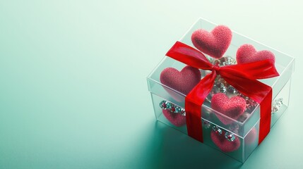 A transparent gift box filled with heart-shaped trinkets and tied with a bright red ribbon, placed on a soft mint green background with subtle lighting effects.