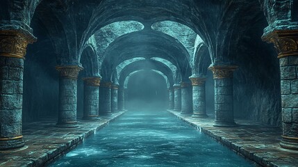 Underground water reservoir with arches and pillars creating a mysterious atmosphere.