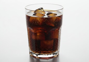 A glass filled with cola and ice cubes