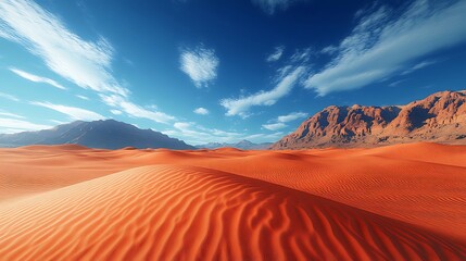 A vast desert landscape under a blazing midday sun, featuring undulating 