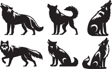 Set of wolf silhouette vector-bold black wild animal illustrations 