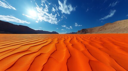 A vast desert landscape under a blazing midday sun, featuring undulating s