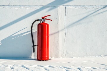 Obraz premium Red Fire Extinguisher Positioned Against a White Wall Generative AI