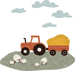 Vector illustration in flat children's style with a composition of a tractor and a sheep. Bright and playful farm-themed design, perfect for kids' prints, books, games, and educational materials.