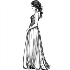 Elegant sketch of a woman in a flowing gown, showcasing graceful posture and intricate hair styling in monochrome illustration