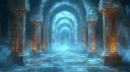Stone pillars line a hallway with a vaulted ceiling and misty atmosphere.