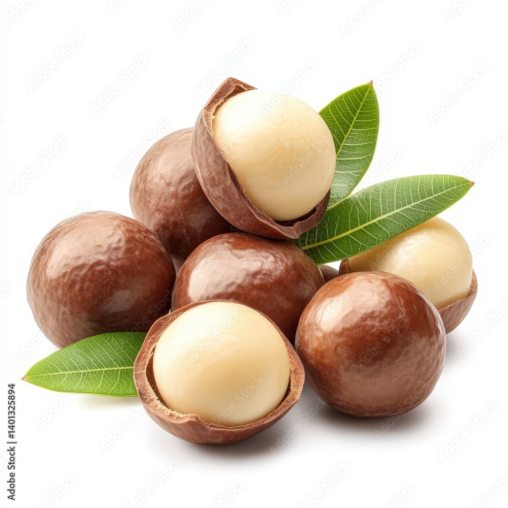Poster delicious macadamia nuts with shells and leaves high quality image of fresh macadamia nuts