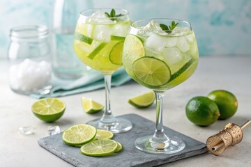 Refreshing Cocktails With Lime and Mint Served in Glasses Generative AI