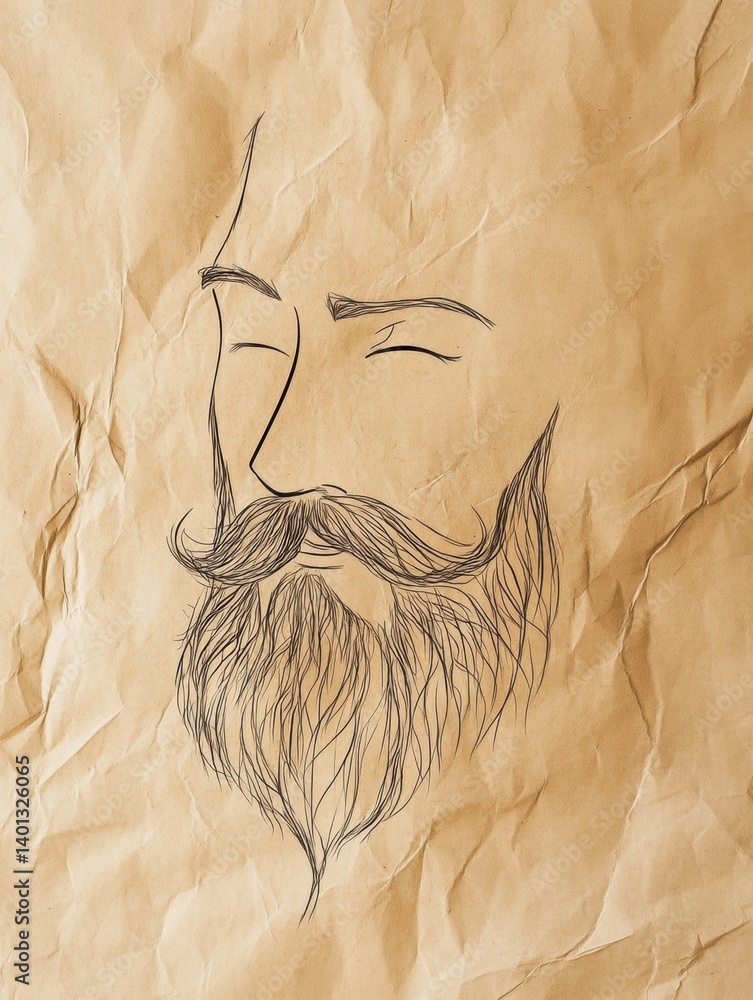 Poster Minimalistic beard illustration on craft paper texture showcasing artistic simplicity and charm in a unique design style