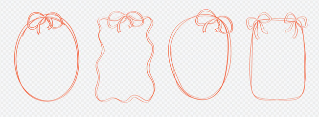 Set of frames square, rectangle, round with bows on transparent background. Hand drawn cute wavy doodle frame romantic vector illustration.
