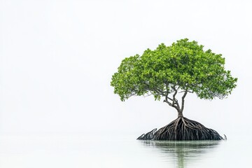 A lone mangrove tree standing tall, its roots submerged in the water, isolated on a white background to highlight its unique shape and form.