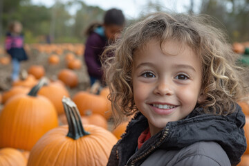 Young girl smiling in a pumpkin patch.