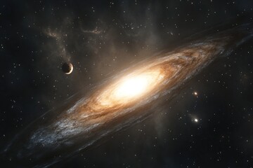 Fototapeta premium A galaxy with a bright star at its center, surrounded by swirling clouds of gas and distant planets. The vastness of space evokes a sense of wonder and exploration.