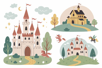 Fairytale Cartoon Castles Vector Art Whimsical Kids Illustration Pegasus Horse