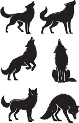 Set of wolf silhouette vector-bold black wild animal illustrations 