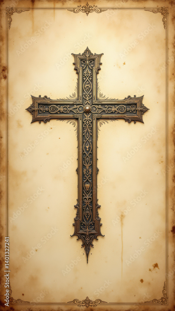 Poster an antique style illustration featuring a large cross with intricate detailing on a scroll-like back