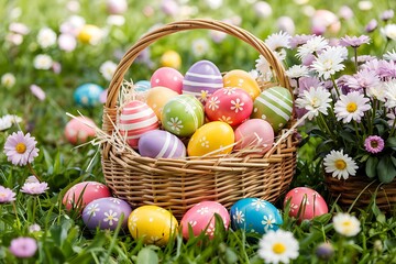Fototapeta premium Colorful Easter Eggs in a Basket Among Flowers.