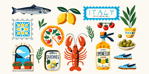  Italy Vibes Vector Set with Pizza, Lemons, Limoncello, Lobster, Sardines, Olive Branches, Mediterranean Window, Shoes, and Italian Symbols – Hand Drawn Colorful Illustration