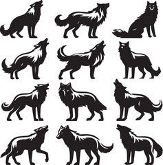 Set of wolf silhouette vector-bold black wild animal illustrations 
