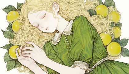 Sleeping Girl, Lemons, Green Dress