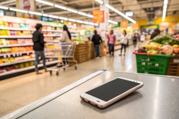 Obraz premium Smartphone Left on Checkout Counter in Grocery Store Aisle Generative AI