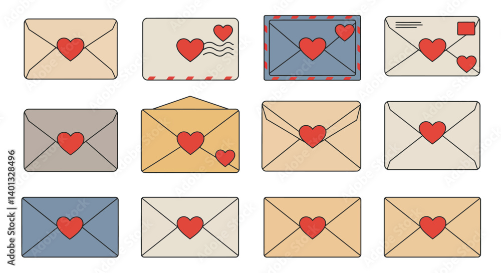 Poster envelopes with heart designs in flat minimal style vector art