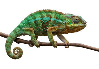 Obraz premium Chameleon reptile perched on branch wildlife close up animal isolated on white background