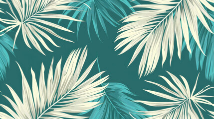 Tropical leaves create vibrant and refreshing background, showcasing blend of teal and cream colors. This design evokes sense of relaxation and nature beauty