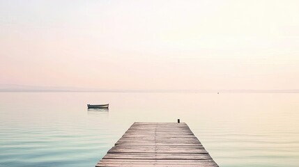 Fototapeta premium Minimalist pier and boat on calm pastel lake, copy space for text
