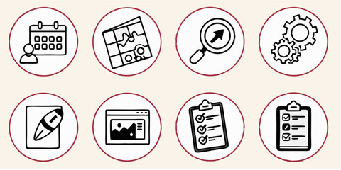 Black White Business Management Vector Icons Line Art Planning Strategy Checklist Website Content Process Settings Schedule Analysis Icon Illustration Design Elements